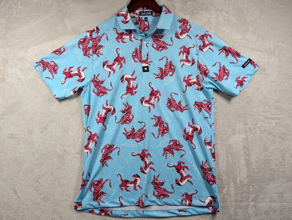 Bad Birdie Golf Polo Mens SMALL Light Blue Neon Pink Tiger Performance Korea